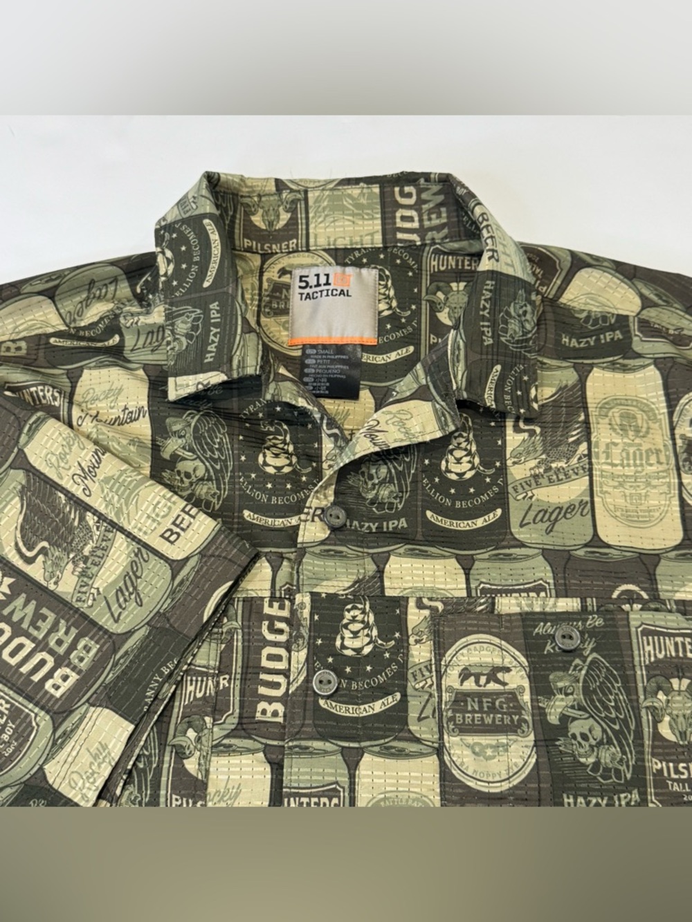 5.11 Tactical Men's Small 99 Beer Cans Print Wyatt Short Sleeve Snap Button Up - Picture 1 of 7